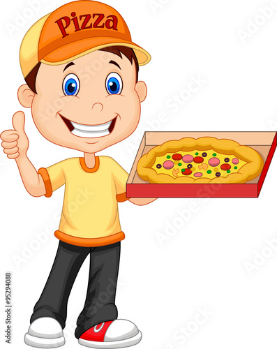 Cartoon deliver boy with pizza isolated on white background
