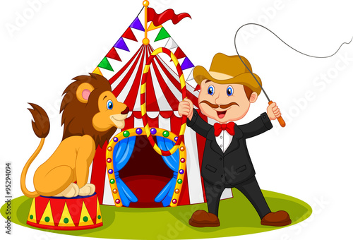 Cartoon tamer train a lion with circus background
