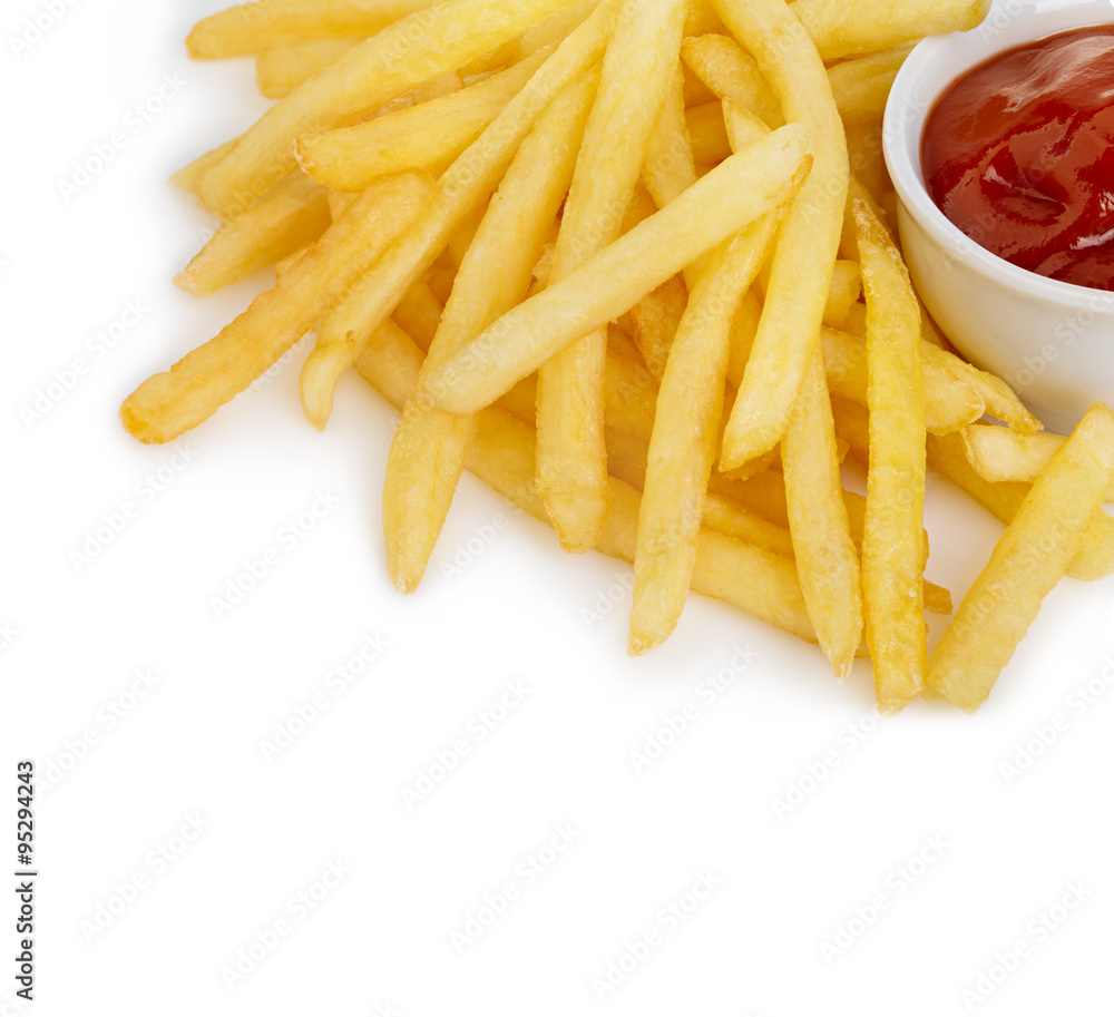 Potatoes fries with ketchup close-up isolated on a white background. Potatoes fries with ketchup close-up isolated on a white background.