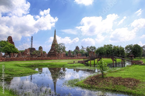 Ancient pagoga and temple with blue sky, Ayutthaya historical park, Thailand