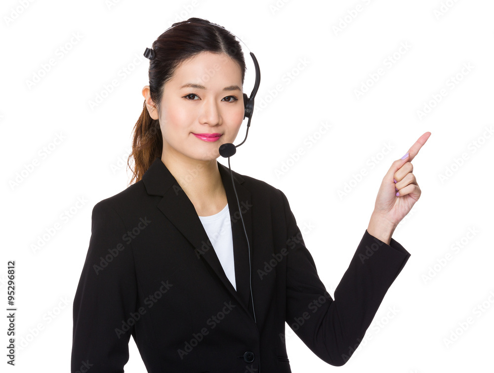 Customer services representative with finger point up Customer services representative with finger point up