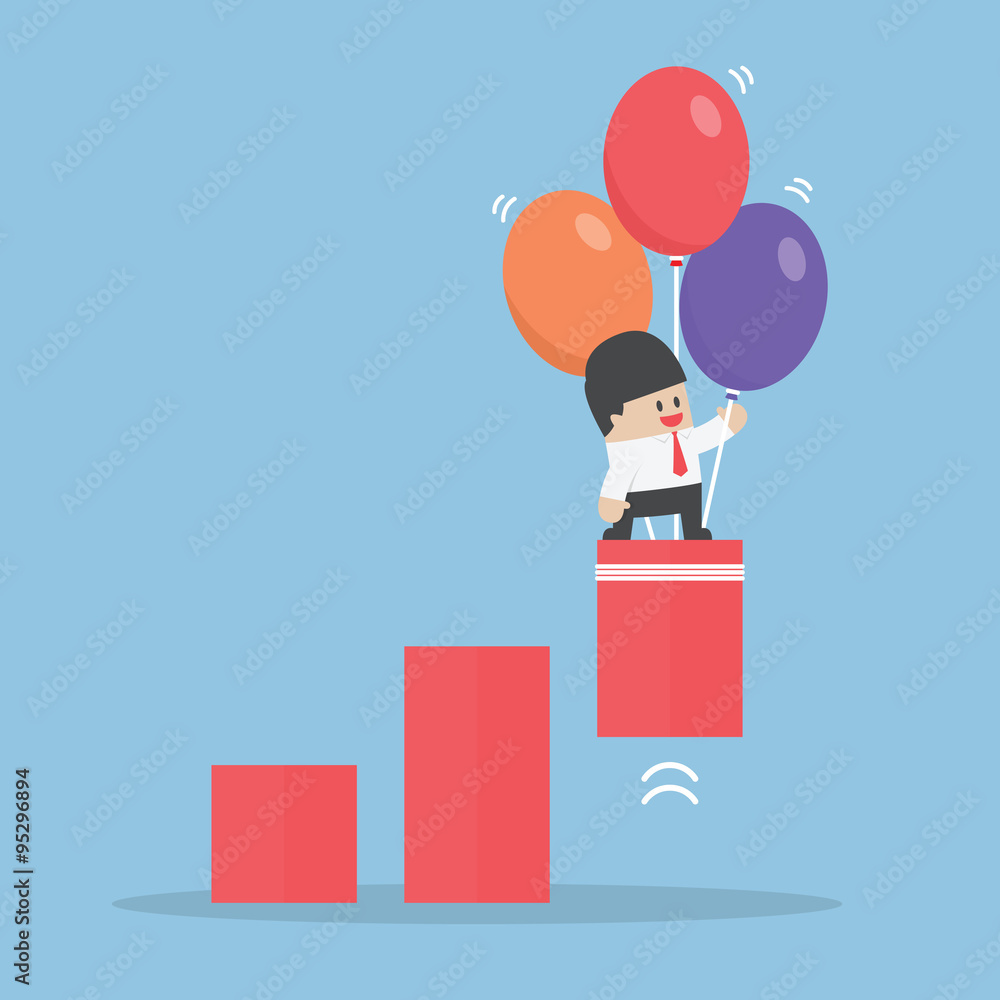 Businessman use balloon to pulled up the graph Businessman use balloon to pulled up the graph