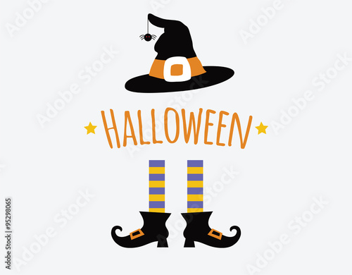happy halloween card design with witch legs and hat. vector illustration