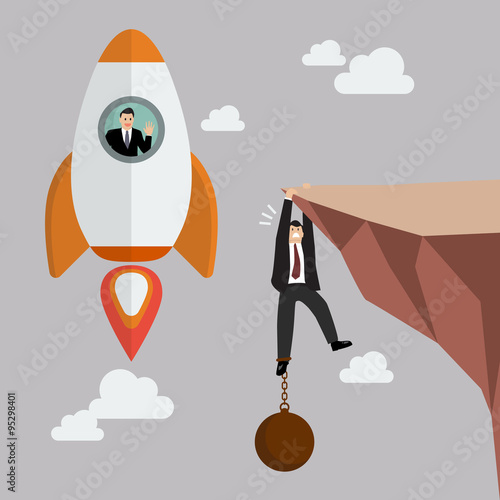 Businessman on a rocket fly pass businessman hold on the cliff w