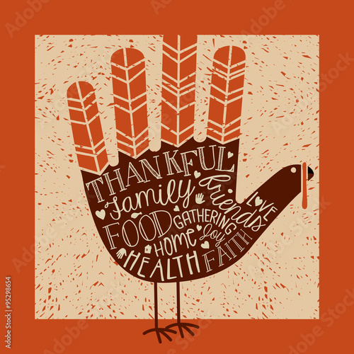  thanksgiving card design with theme words and cute hand print turkey