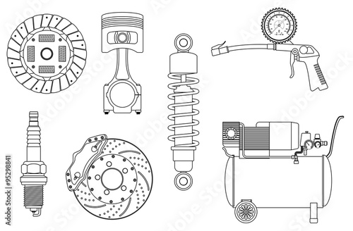 Spark Plug, Spray gun, Manometer, Shock Absorber, Brake disc, Car wheel, Piston. Auto service set.