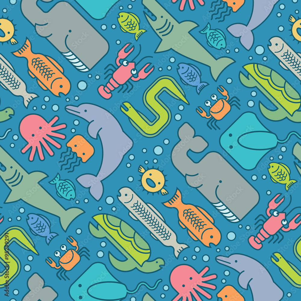 Fototapeta premium seamless pattern of stylized fishes, whales, sharks, dolphins and other sea life.