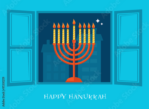 open window with Hanukkah menorah. happy Hanukkah