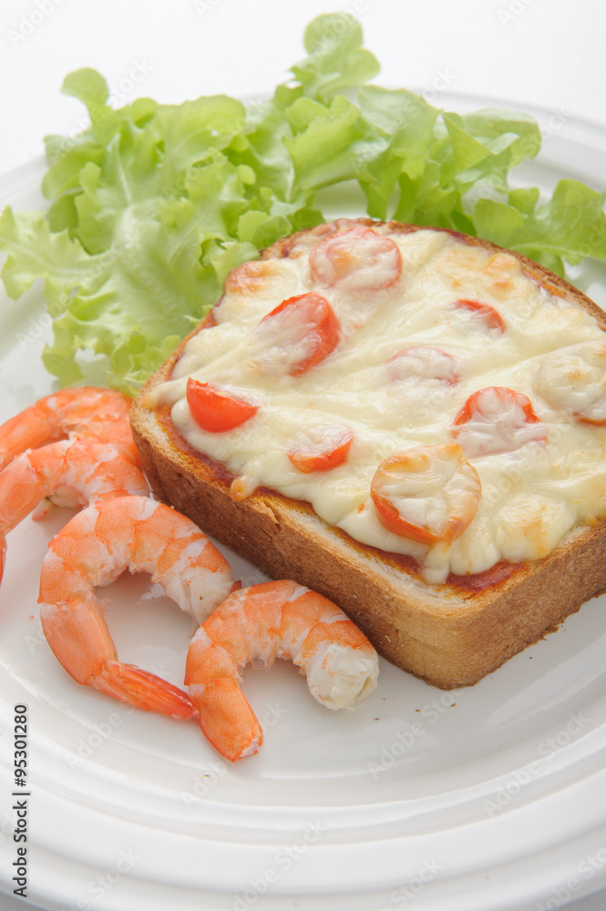 Wheat bread toasts with cream cheese and shrimp selective focus