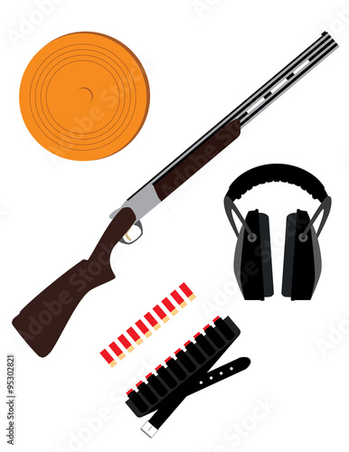 Skeet rifle, headphones for shooting, buckshot and clay disk
