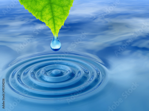 Green leaf with water drop and ripple