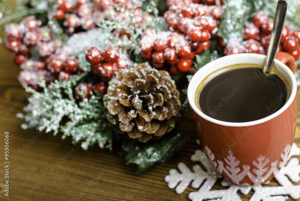 Cup coffee, snowflake and Christmas wreath with pine cones. Cup coffee, snowflake and Christmas wreath with pine cones.