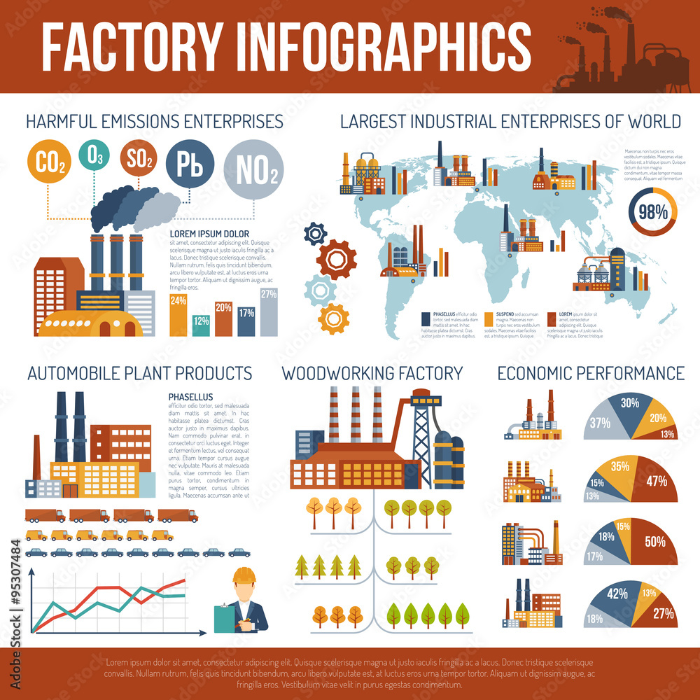 Industrial Infographics With Map Of World Industrial Infographics With Map Of World