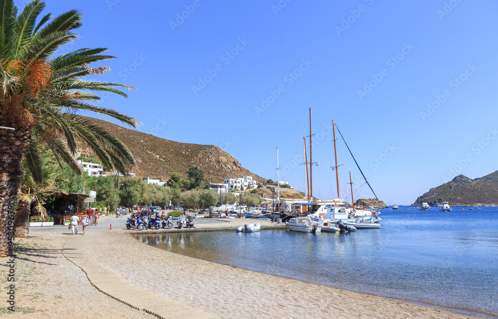 The Greek island of Patmos in the Aegean Sea - the beach Grikos. Grikos bay is situated in the southeast 4.5 km from the port in Skala