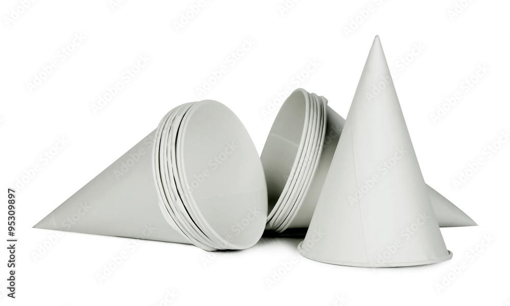 Photography Cone shape disposable paper cups on white background