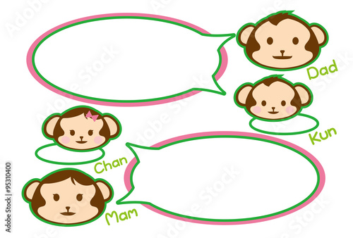 猿の家族（はがきテンプレート）父、母、息子、娘-グリーン枠+ピンク枠+白背景