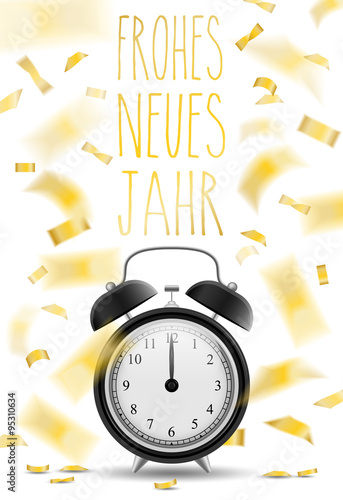 Frohes neues Jahr mit Konfetti und Uhr Vektor