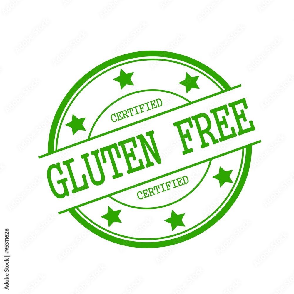 Certified Gluten Free green stamp text on green circle on a white background and star