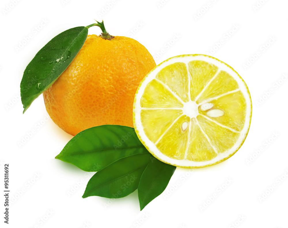 Tangerine with leaves and lemon