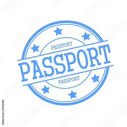 passport blue stamp text on blue circle on a white background and star