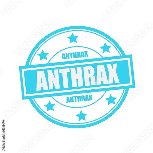 ANTHRAX white stamp text on circle on blue background and star