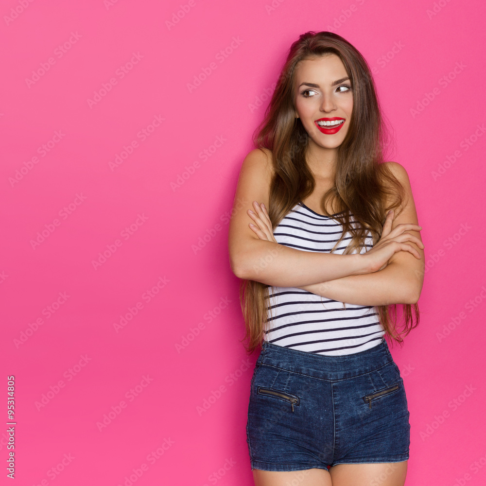Woman Looking At Pink Copy Space Woman Looking At Pink Copy Space