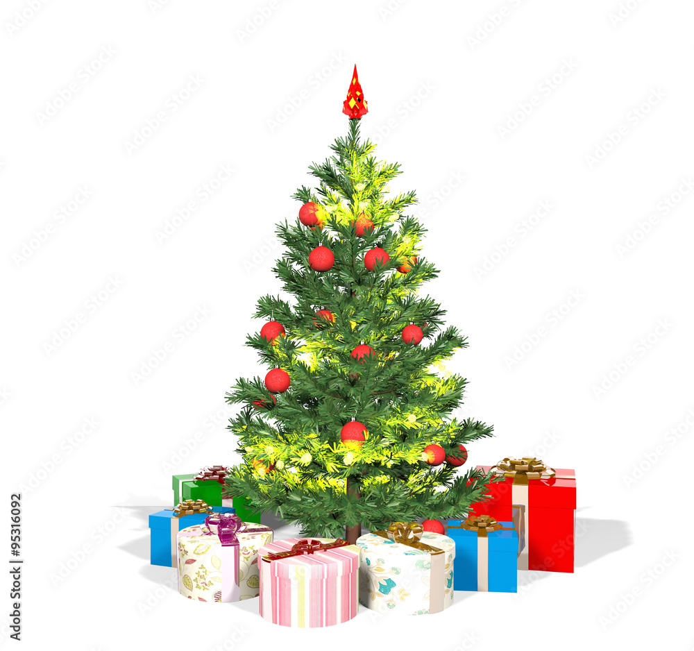 Christmas tree and gift boxes isolated on white background