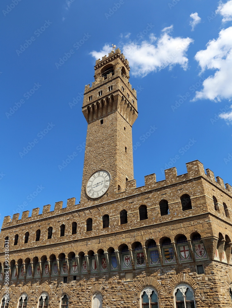 Old Palace with blue sky in Signoria square in Florence Italy