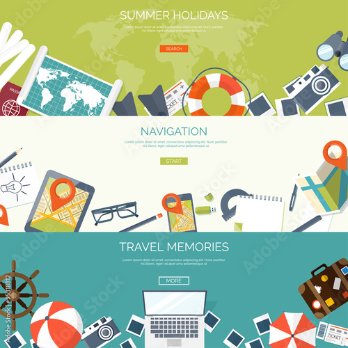 Flat travel background. Summer holidays, vacation. Plane, boat, car  traveling. Tourism, trip  and journey