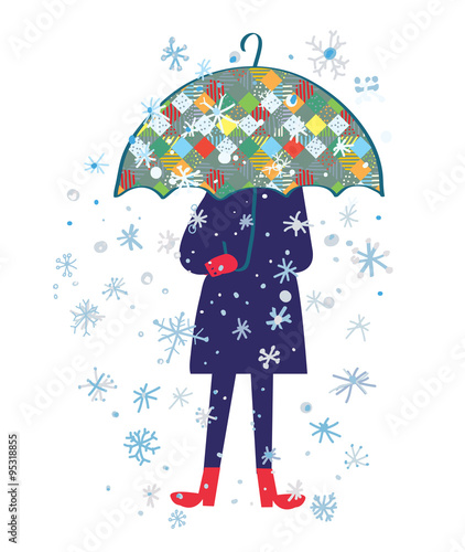 Snow storm and person with umbrella - cold weather