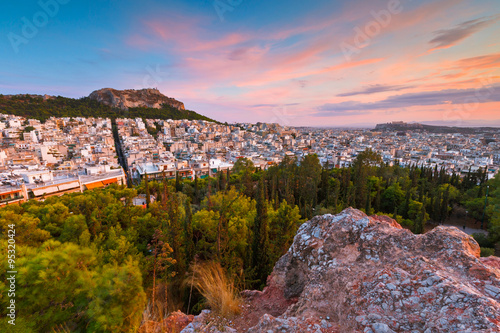 View of Athens, Lycabettus hill and Acropolis from Strefi Hill.