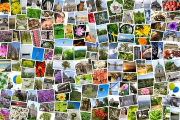Asymmetrical mosaic mix collage of 200 photos of life style, people, different places, landscapes, flowers, insects, objects, sport and animals shot by myself during Europe travels