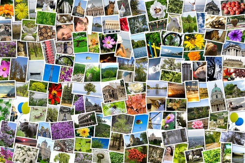 Asymmetrical mosaic mix collage of 200 photos of life style, people, different places, landscapes, flowers, insects, objects, sport and animals shot by myself during Europe travels