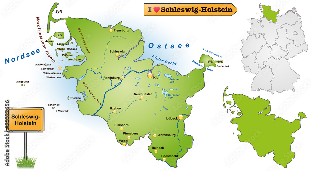 Schleswig Holstein Karte Mit Allen Städten stock.adobe.com