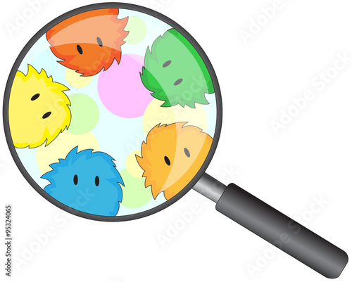 Cartoon microbes peek out from a magnifying lens
