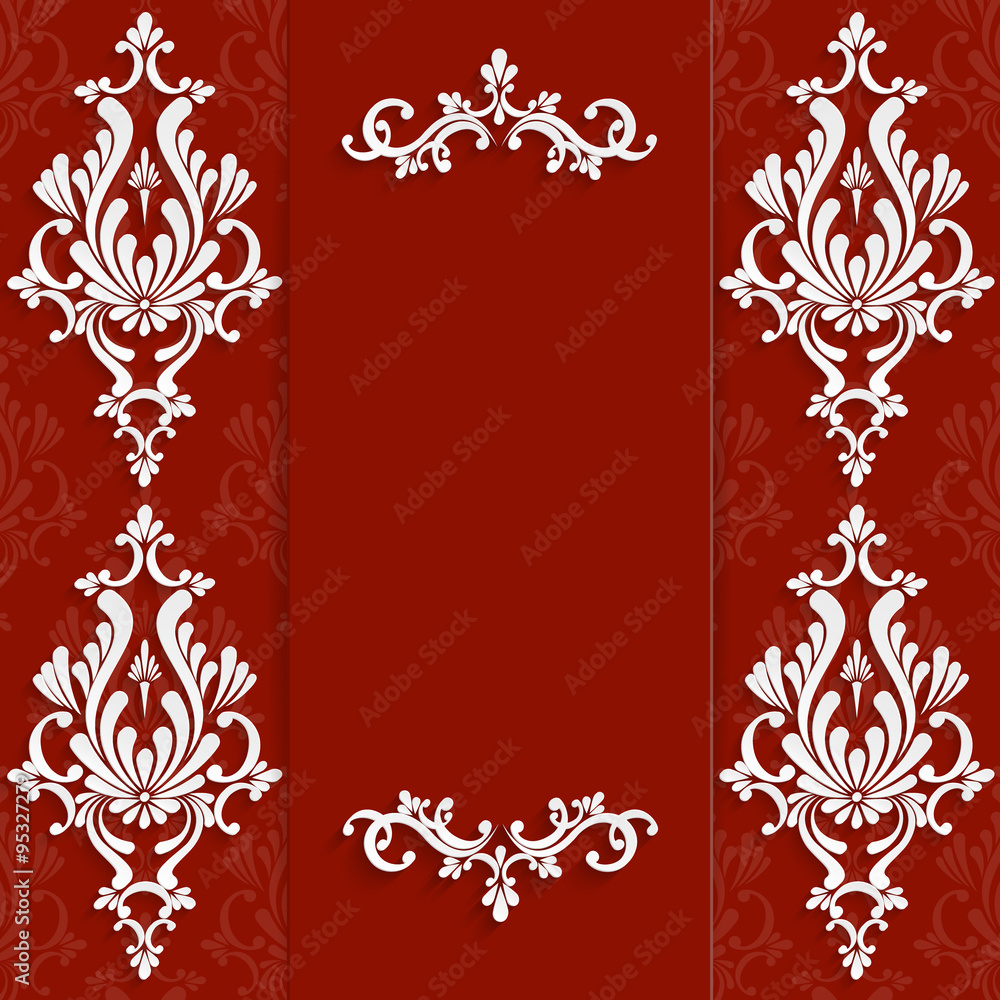 Vector Red Christmas Vintage Invitation Card with 3d Floral Pattern