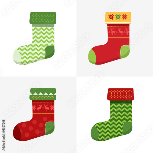 Flat winter Christmas Socks set with pixel deers and christmas trees.