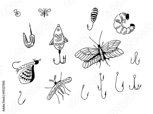 bait for fishing and hooks, jig, bait species, hand-drawn illustration