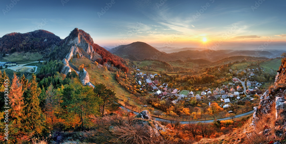 Slovakia fall rural hill landscape at sunrise, Vrsatec village.