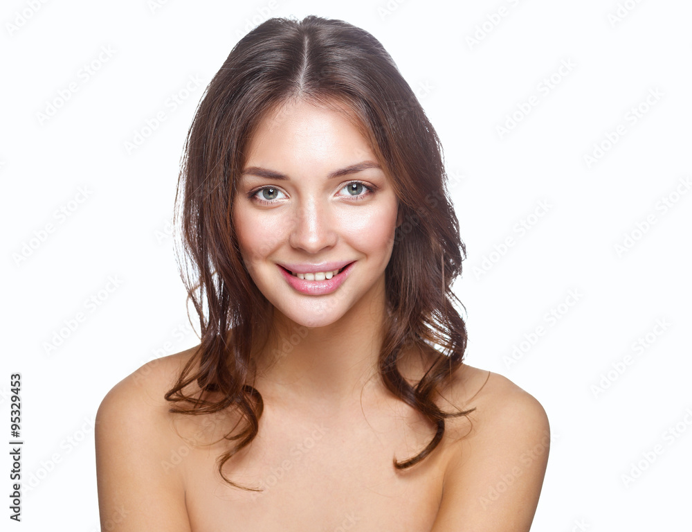 Close up portrait of beautiful young woman face. Isolated on white background Close up portrait of beautiful young woman face. Isolated on white background
