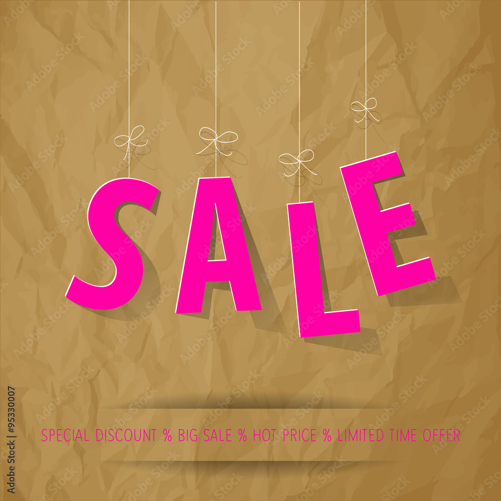 SALE paper letters neon pink on a crumpled paper brown background. SALE paper letters neon pink on a crumpled paper brown background.
