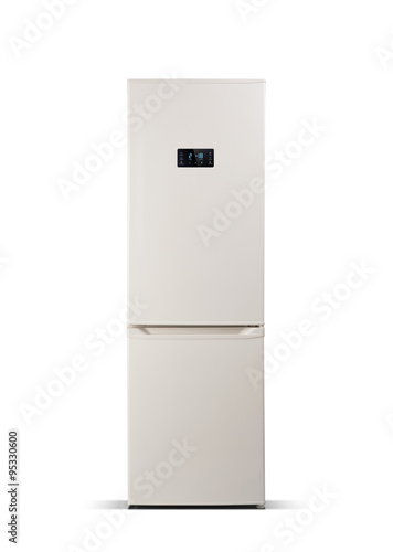 Beige refrigerator isolated on white. The external LED display, with blue glow. Fridge freezer. 