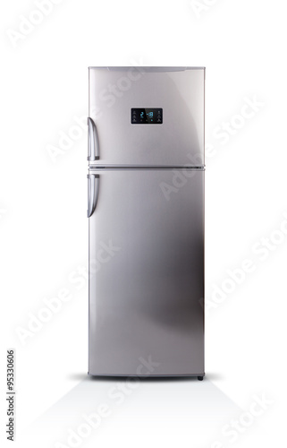 Stainless steel modern refrigerator isolated on white. The external LED display, with blue glow. Fridge freezer.