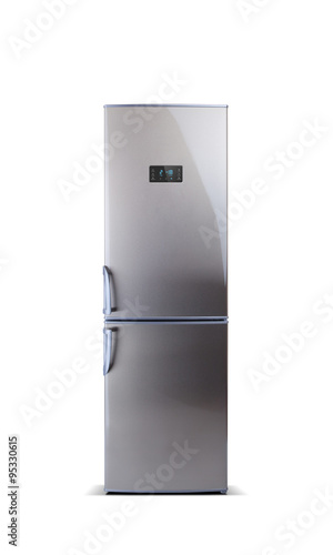 Stainless steel big refrigerator isolated on white. The external LED display, with blue glow. Fridge freezer. 