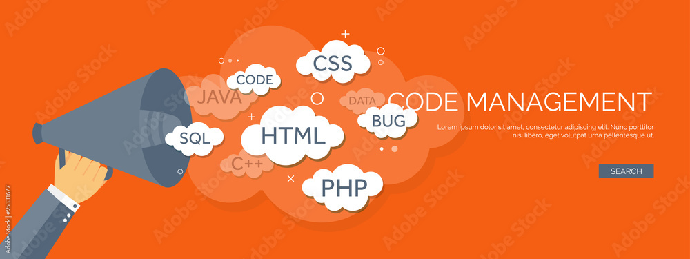 Vector illustration. Flat background. Coding, programming. SEO. Search engine optimization. App development and creation. Software, program code. Web design