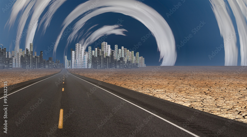 Obraz premium Gleaming city in desert with surreal clouds