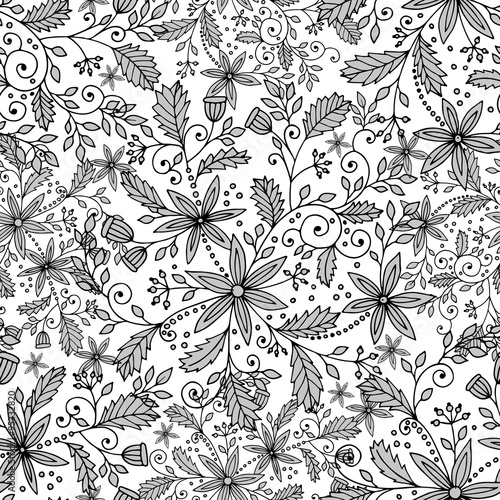 Vector seamless black doodles pattern, floral ethnic ornament, fashion pattern for fabric