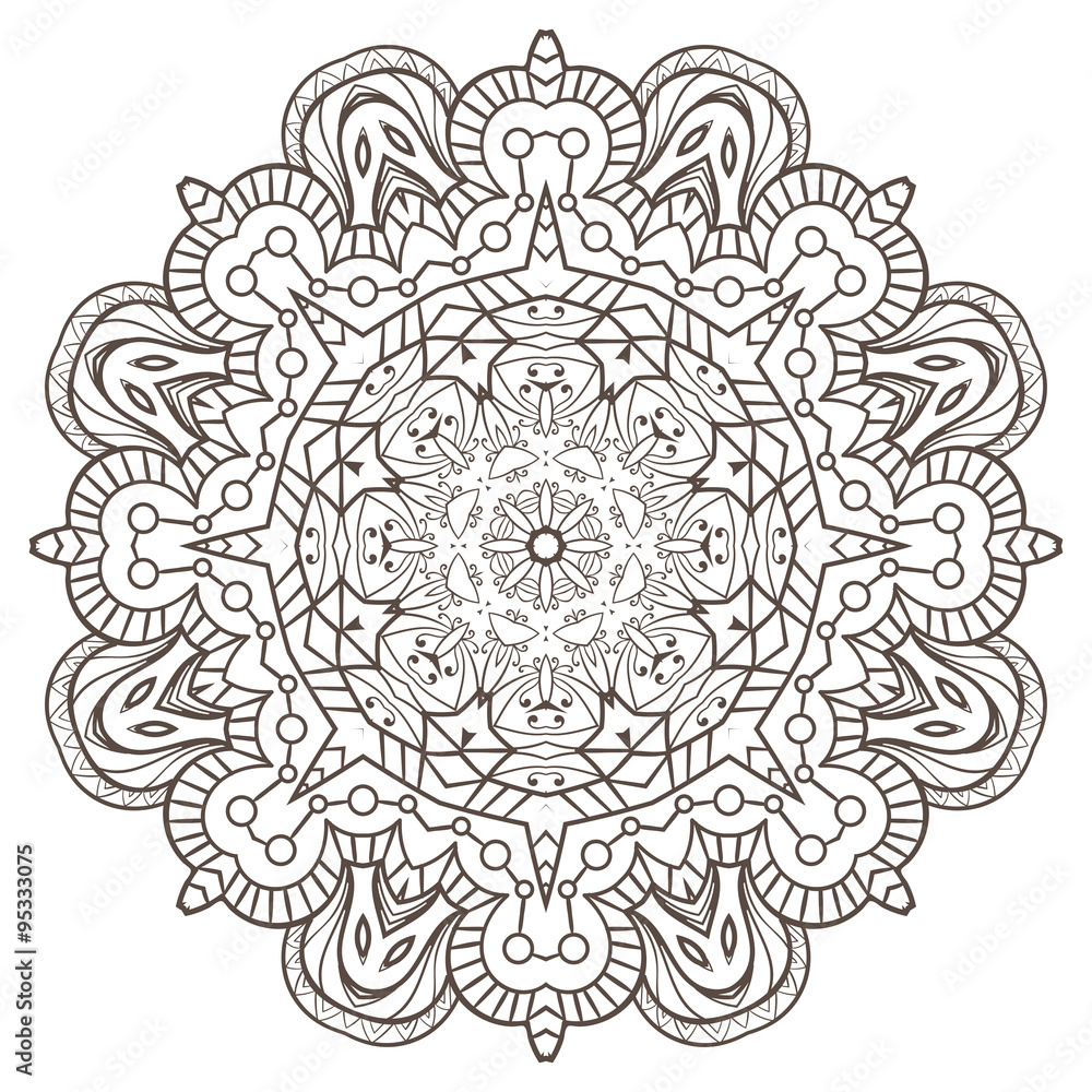 Ethnic Fractal Mandala Vector Meditation looks like Snowflake or Maya Aztec Pattern or Flower Isolated on White