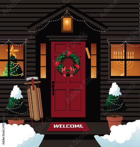 (Christmas and Hanukkah) Front door with ribbon royalty stock illustration for greeting card, ad, promotion, poster, flier, blog, article, social media, marketing