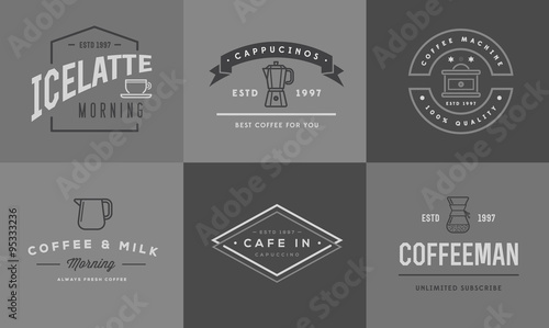 Set of Vector Coffee Logotype Templates and Coffee Accessories Illustration with Incorporated Icons with Fictitious Names © ckybe